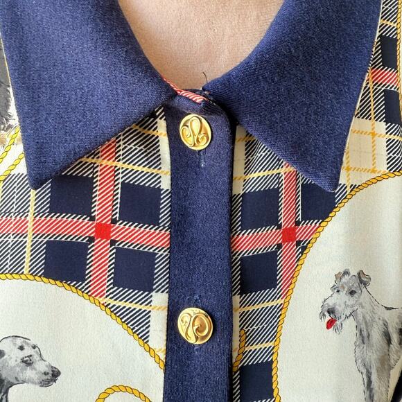 Rare VTG Whimsy Novelty Dog Print Plaid Teacher Button Up Blouse Equestrian S/M - Picture 3 of 13